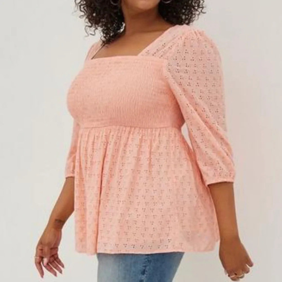 torrid Tops - Torrid Smocked Babydoll Top - Voile Eyelet Peach Womens Size 4